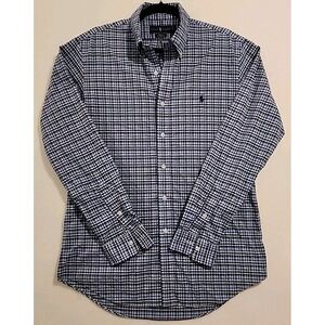 Ralph Lauren Blue Plaid L/S Button Down Mens Sz Large Pony Slim Fit Performance